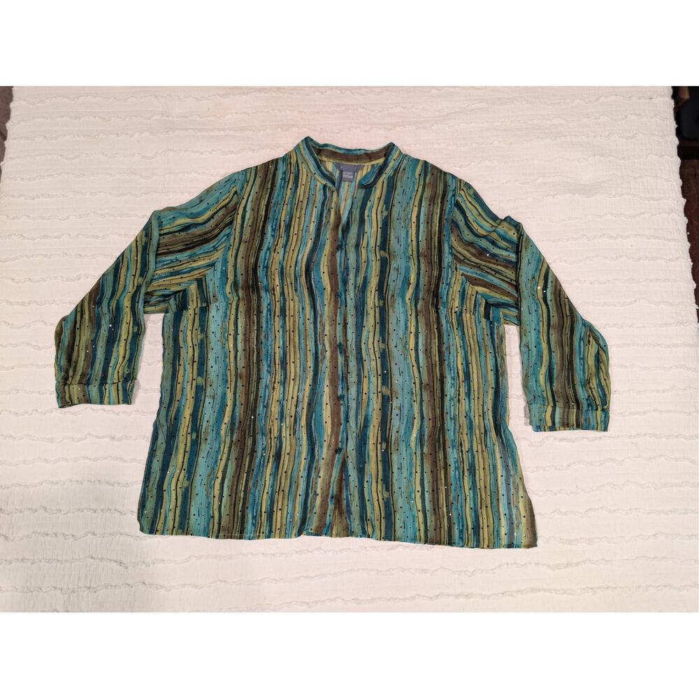 Koret Woman 3X Shimmer Stripe Button Front Top – Elegant Career Casual Blouse